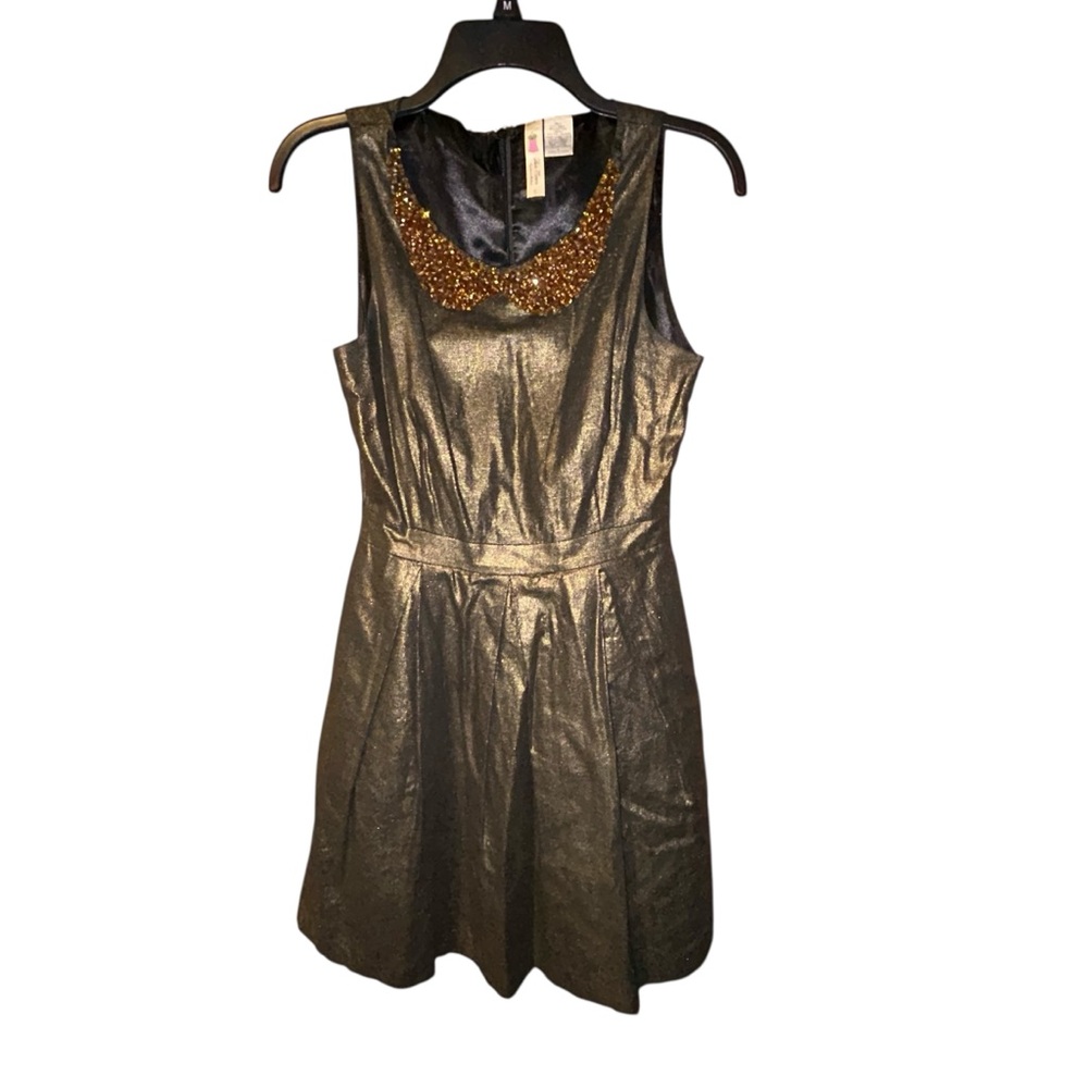 Alice‎ Moon Metallic Gold Mini Party Cocktail Dress Small Linen Blend Beaded